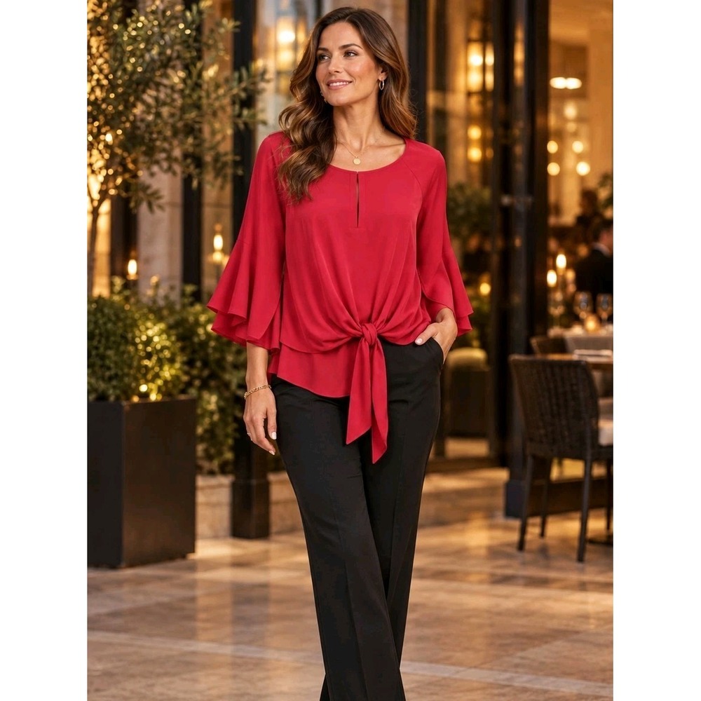 Vince Camuto Silky Red Bell Sleeve Peplum Blouse Women Large Office Holiday Glam